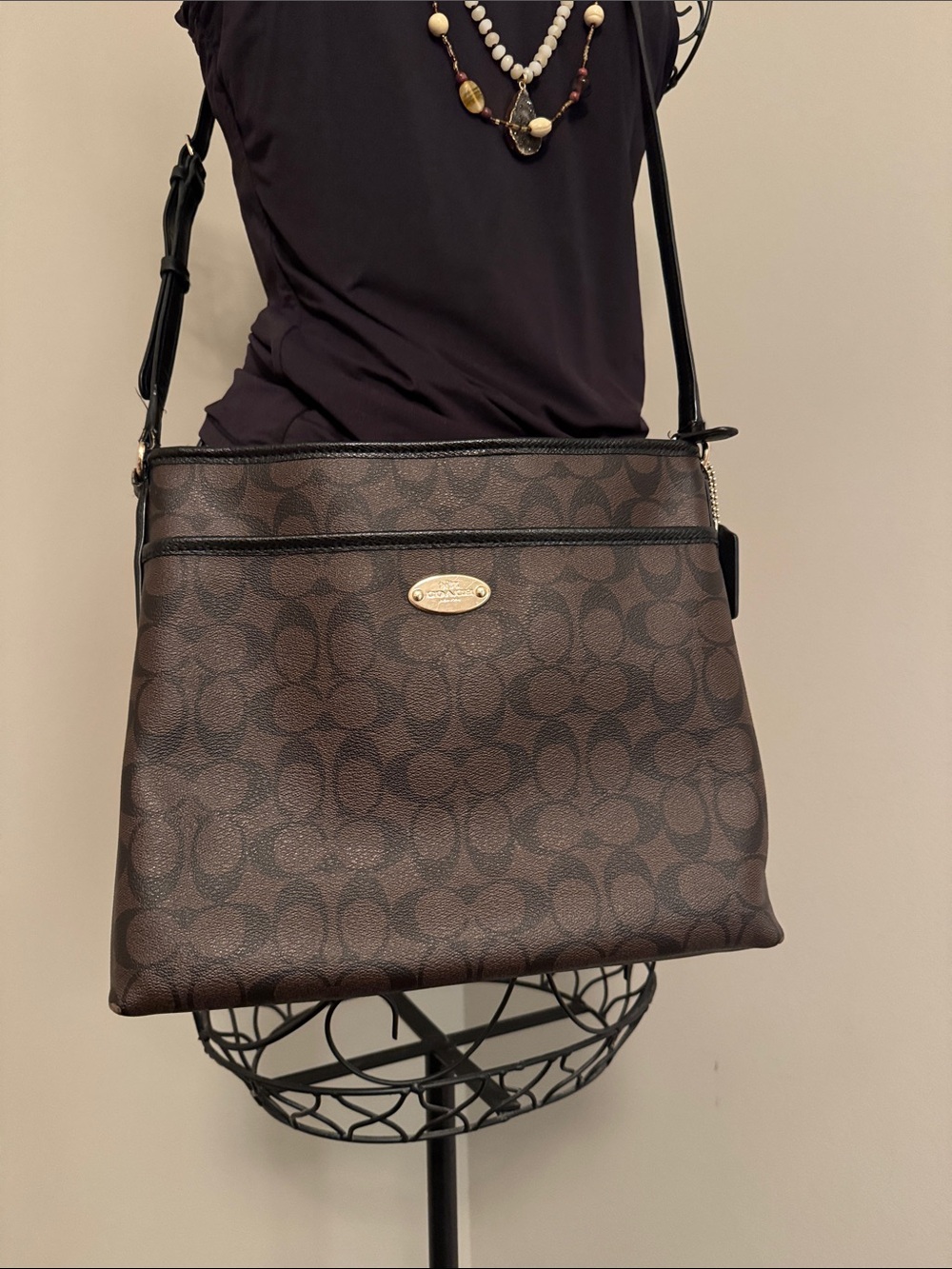 Coach Brown/Black Signature Crossbody with Gold Plaque